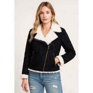 CAGE Black Faux Suede Sherpa Moto Jacket Women's Size M Asymmetrical Zip